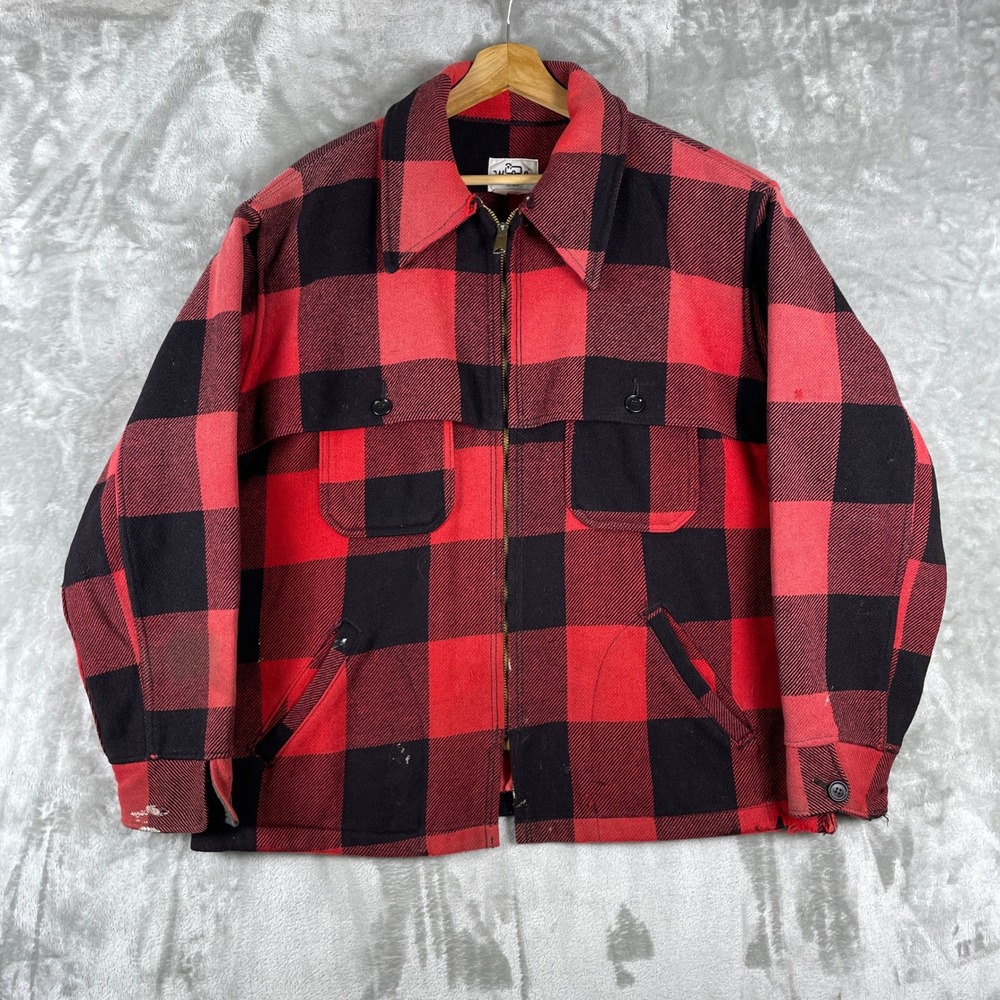 Vintage 60s Woolrich Mackinaw Cruiser Jacket Men XL Red Buffalo Plaid Wool USA